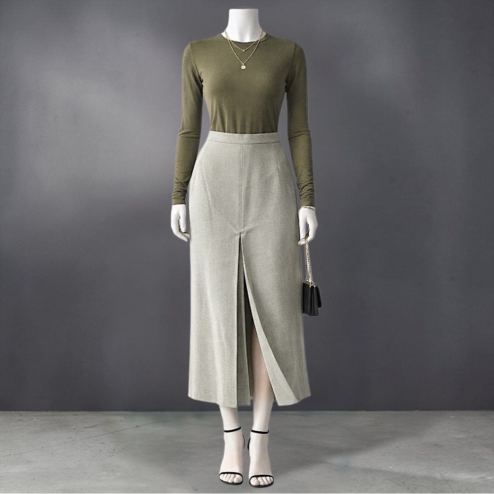 Sage Green Textured Maxi Skirt | Pleated Front Slit